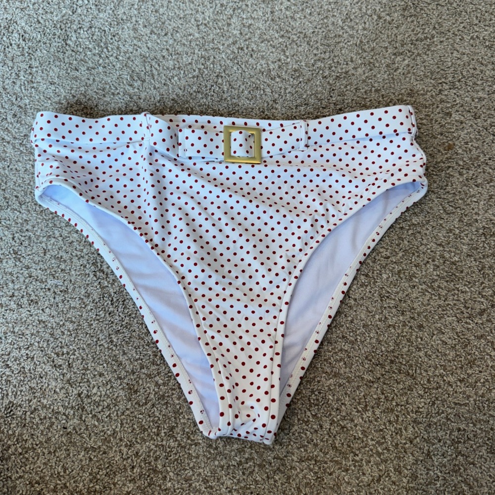 We Wore What Womens High Waisted Belted Polka Dot Bikini Bottoms White Red Large